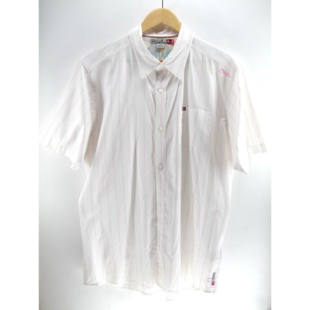 Quicksilver Mens Shirt Button‎ Front White Short Sleeve XL Embroidered and Print